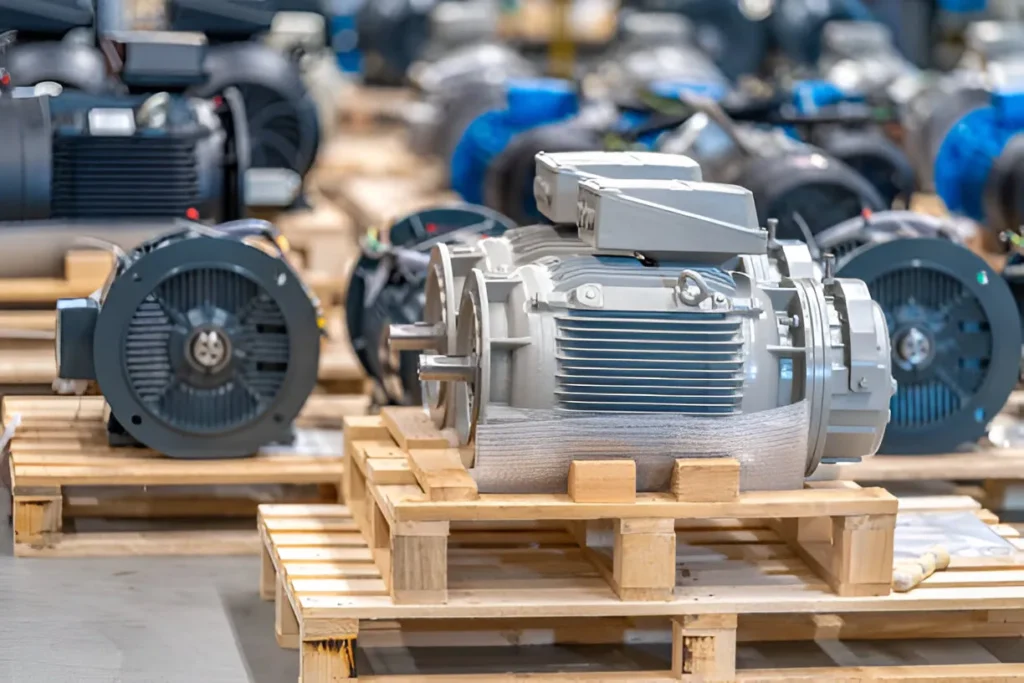 new electric motors on pallets in the warehouse