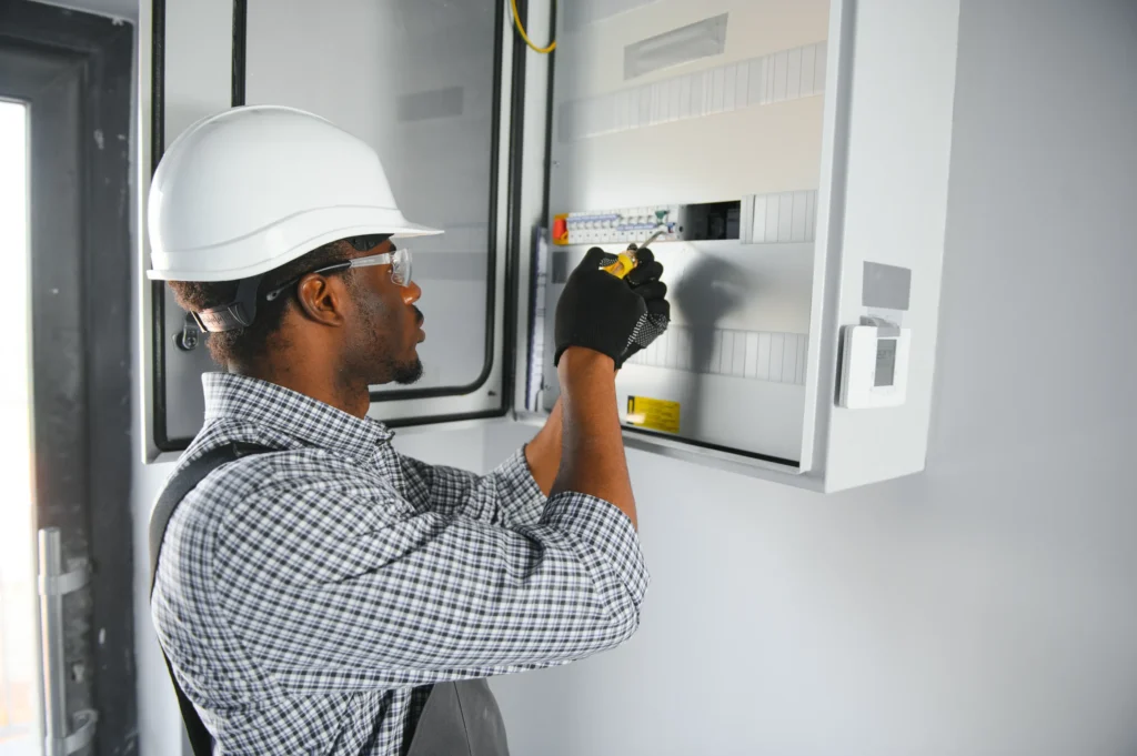 An African-American electrician is repairing the power distribution panel in the electrical distribution boxes