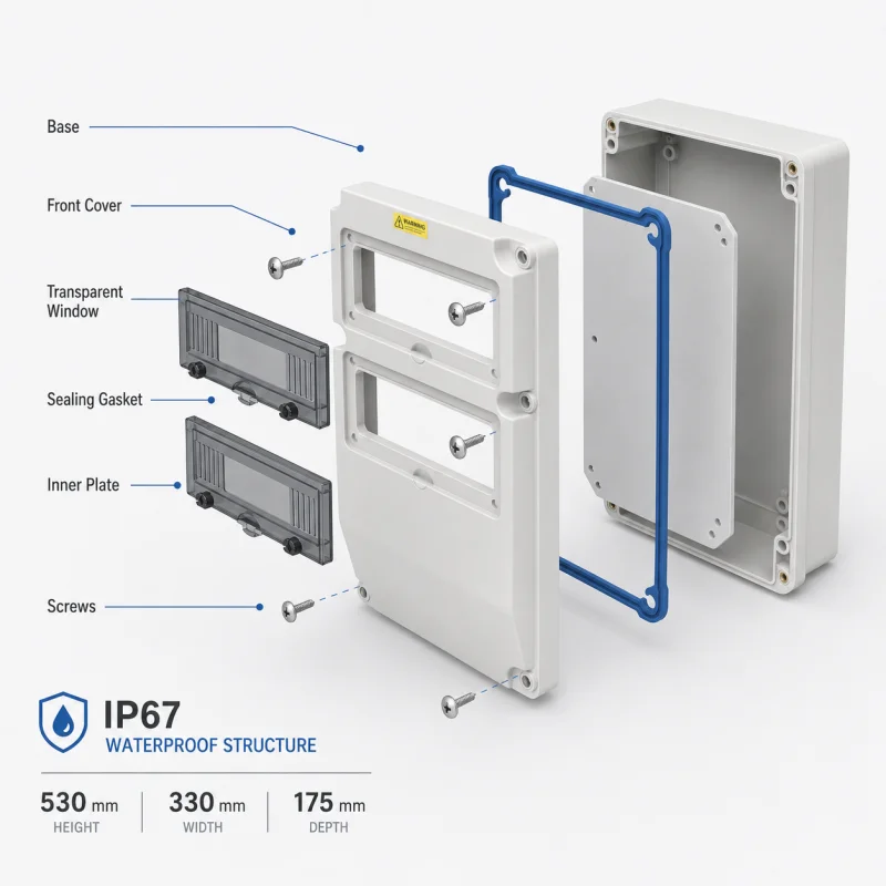 IP67 waterproof distribution box exploded view with transparent window, sealing gasket, mounting plate, and ABS PC housing