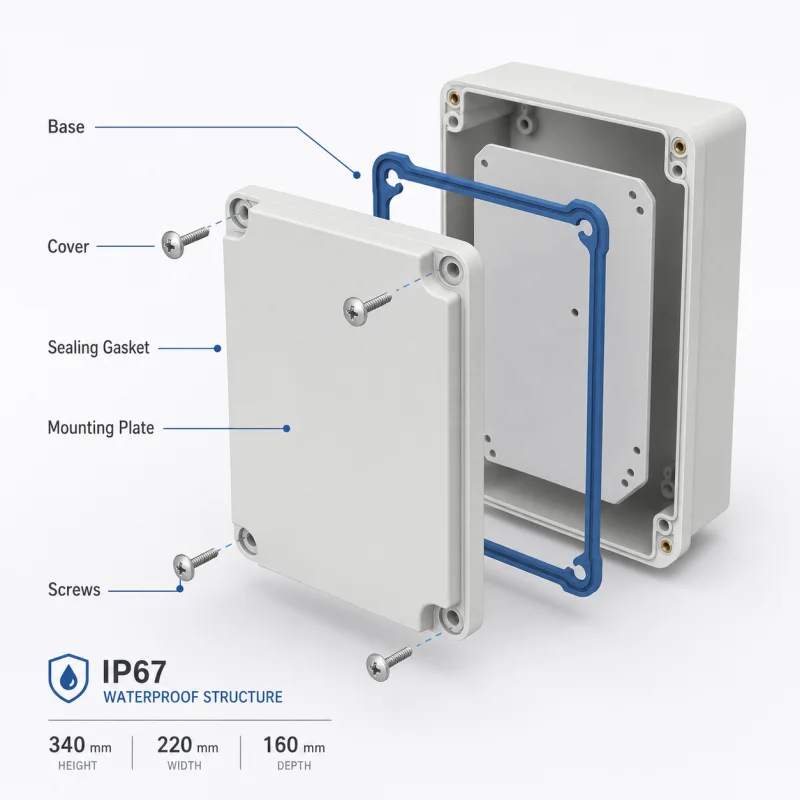 IP67 waterproof electrical enclosure exploded view showing base, cover, sealing gasket, mounting plate, and screws