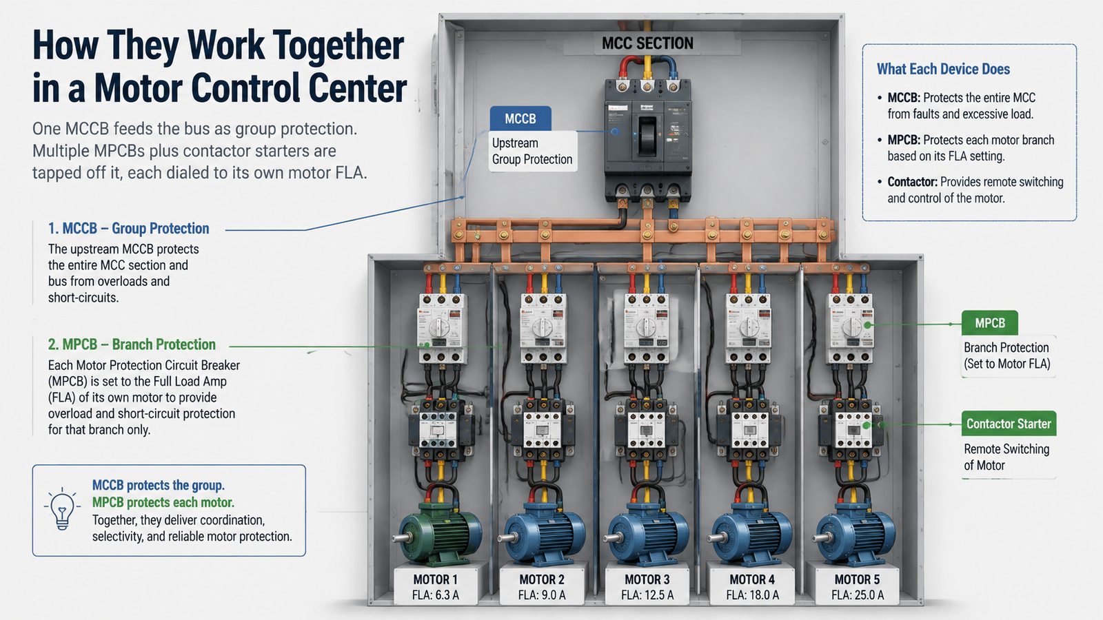 Motor control center layout with an MCCB upstream and MPCBs on each motor branch