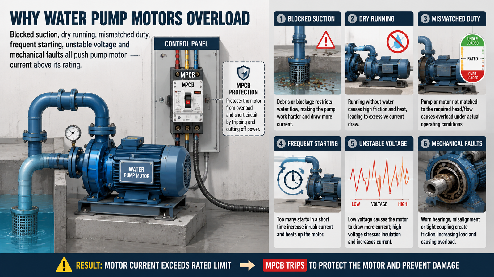 Water pump motor connected to a control panel with MPCB protection