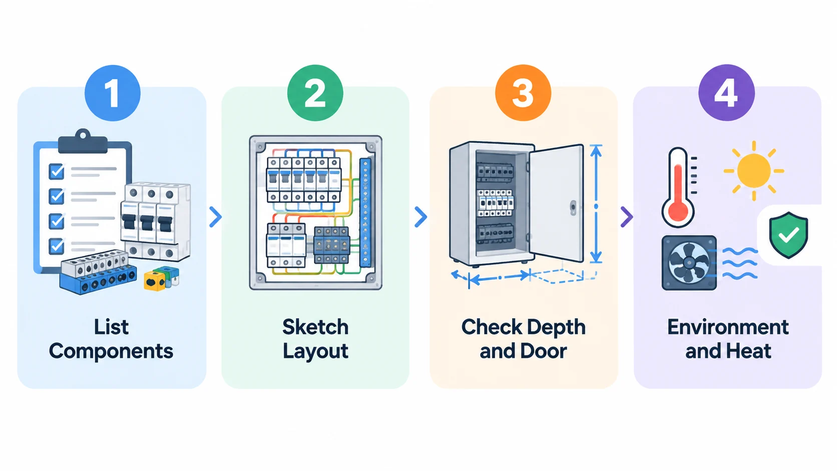 Four-step distribution box sizing process: list components, sketch the layout, check depth and door clearance, then verify environment and heat