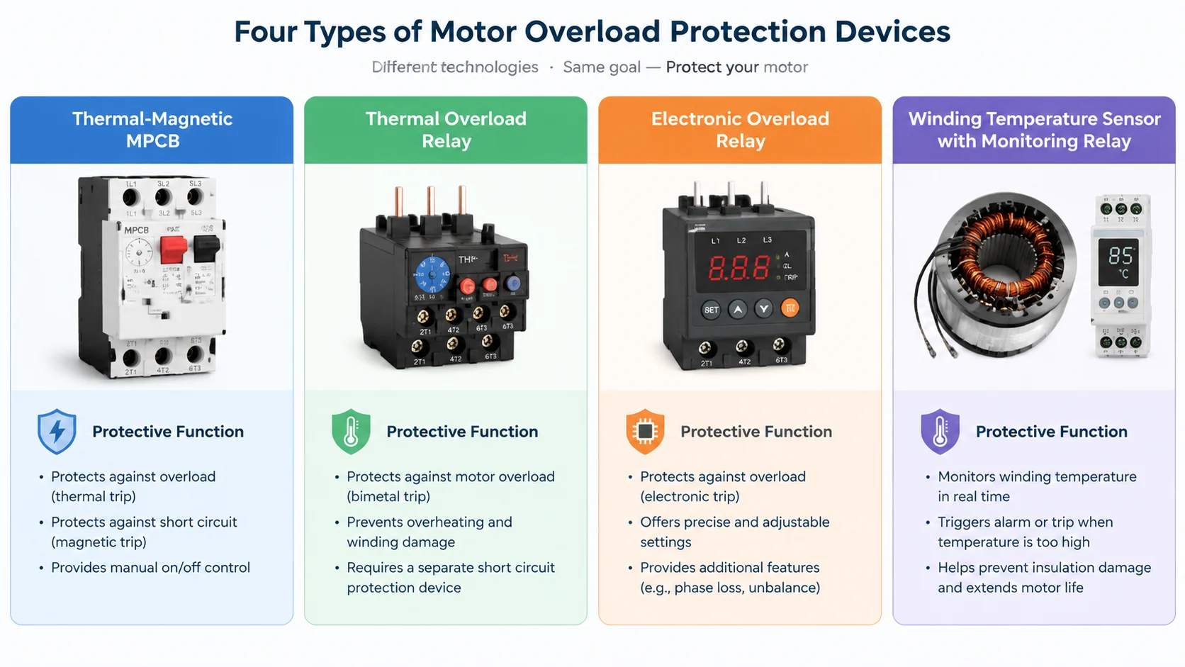 Labeled comparison of four motor overload protection devices: thermal-magnetic MPCB, thermal overload relay, electronic overload relay and winding temperature sensor