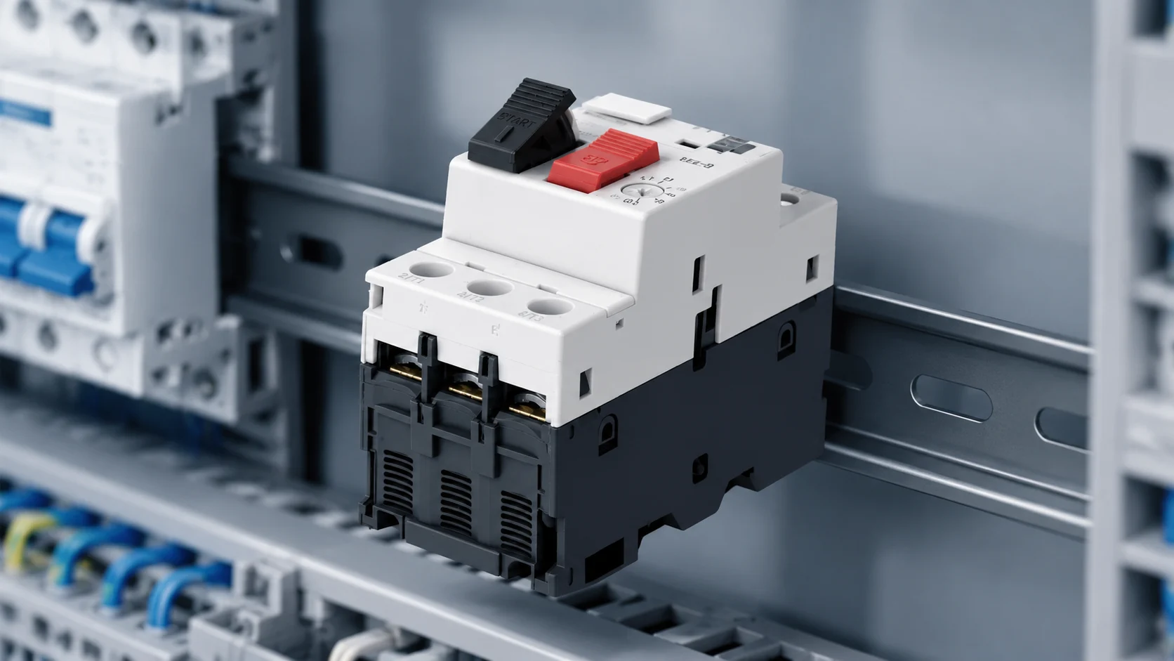 Thermal-magnetic manual motor starter and protector mounted on a DIN rail inside an electrical control panel, showing the red STOP and black START handles and the current dial