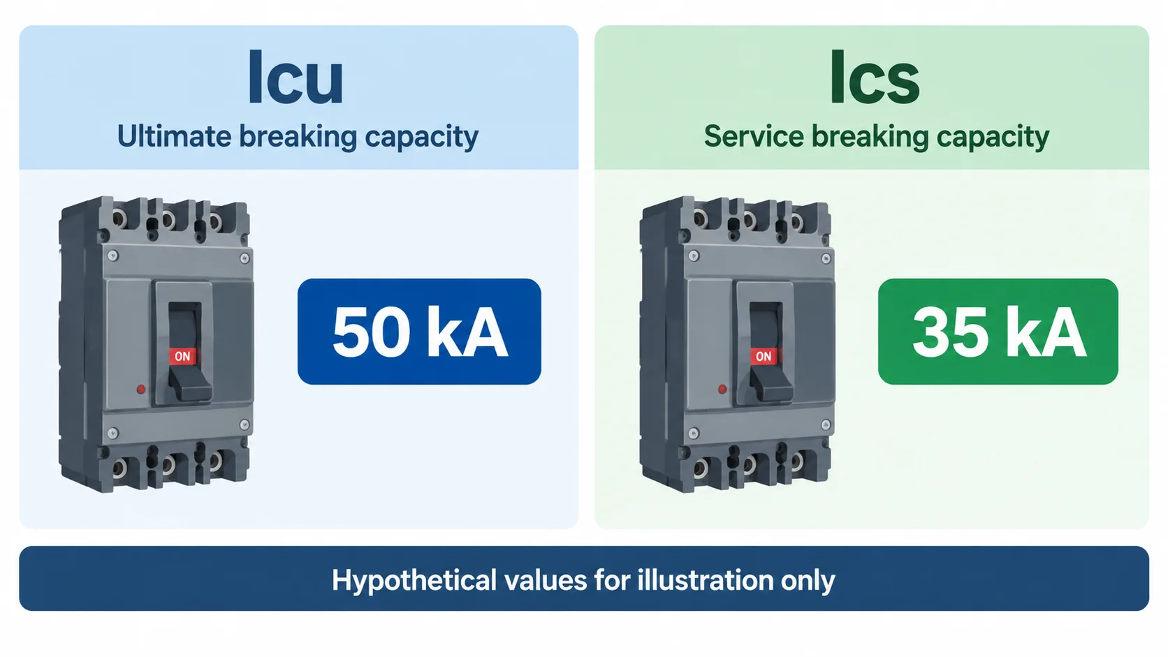 Generic datasheet-style comparison of Icu and Ics breaking capacity ratings with clearly hypothetical kA values
