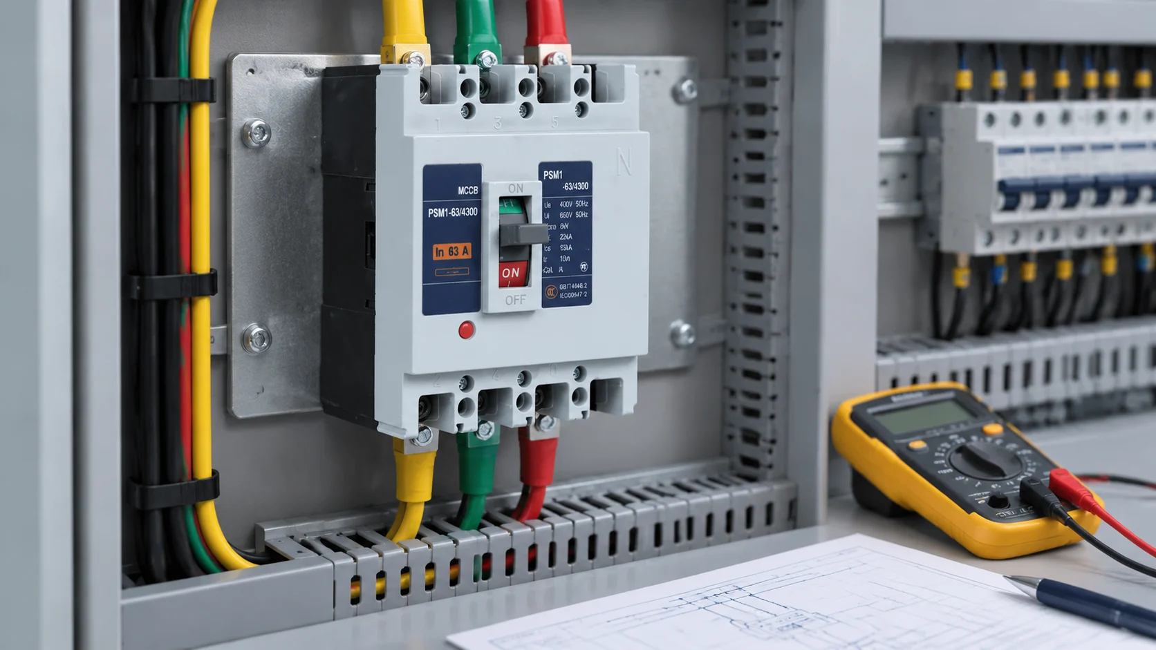Molded case circuit breaker mounted in a distribution panel, the device whose datasheet lists both Icu and Ics ratings