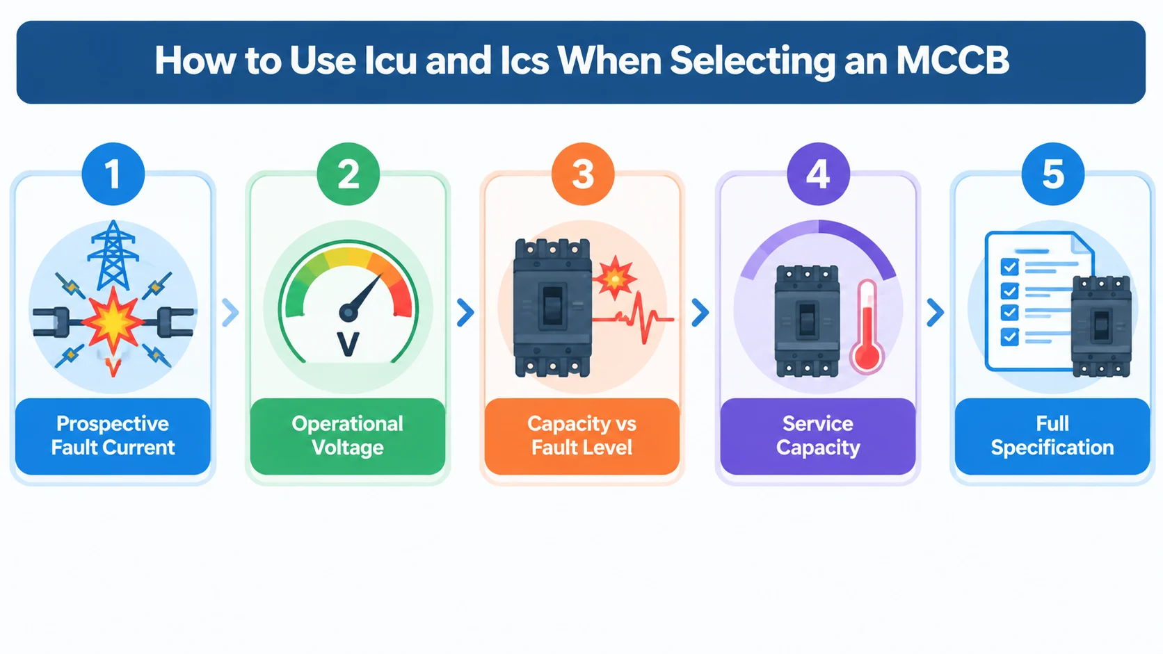 Five-step MCCB selection process: establish prospective fault current, match the operational voltage, check interrupting capacity, evaluate service capacity, complete the specification