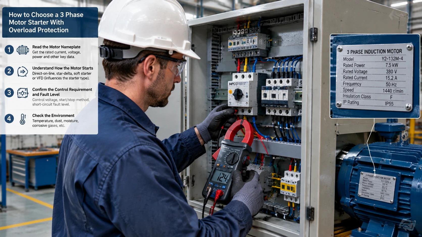 Checking a motor protection circuit breaker inside an open control panel with a clamp meter