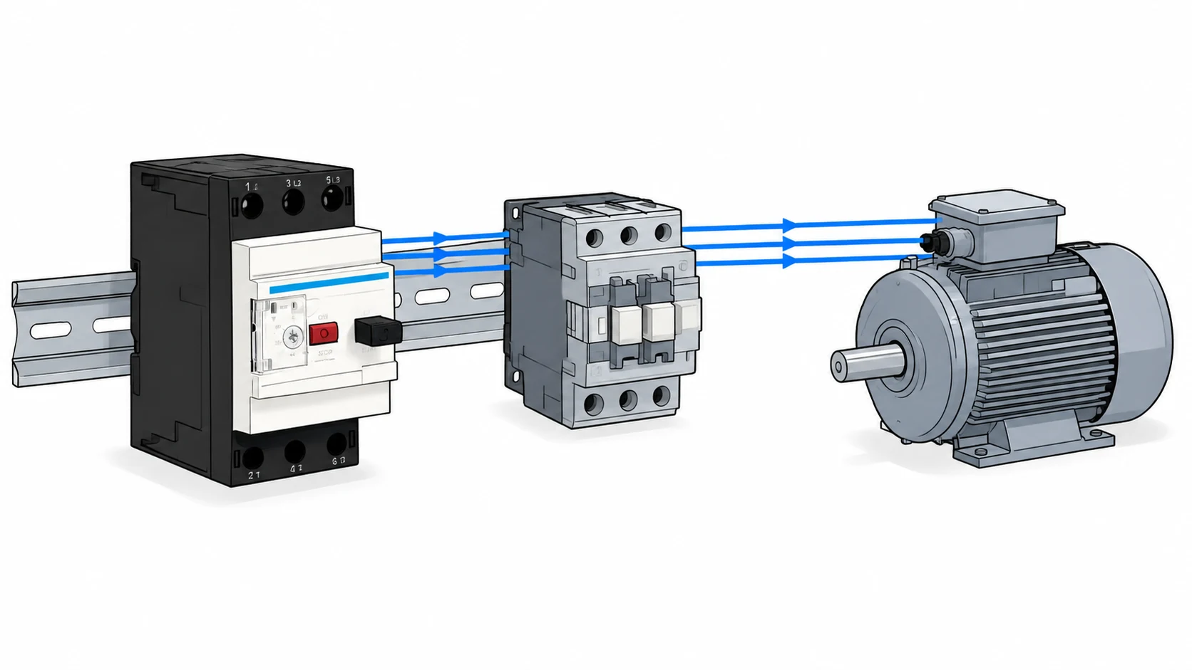 Manual motor starter and MPCB mounted side by side on a DIN rail for a three-phase motor circuit
