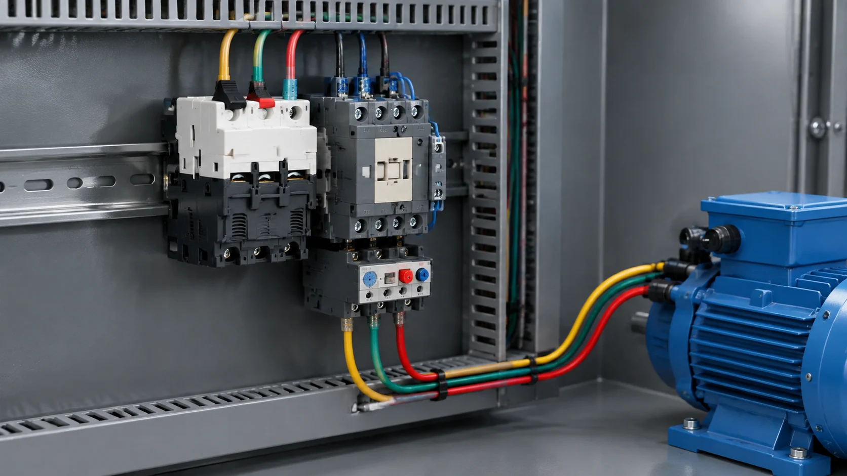 Motor starter panel showing the roles of an MPCB, a contactor and a thermal overload relay in one motor circuit