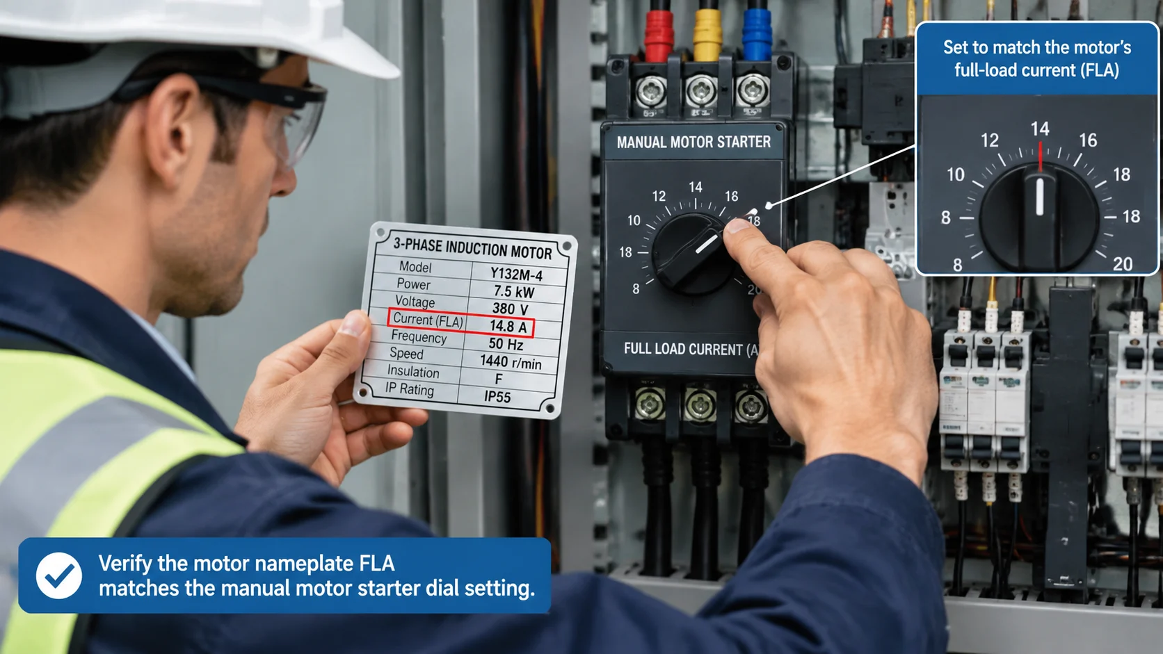 Engineer checking a motor nameplate against the current dial of a manual motor starter in an electrical panel