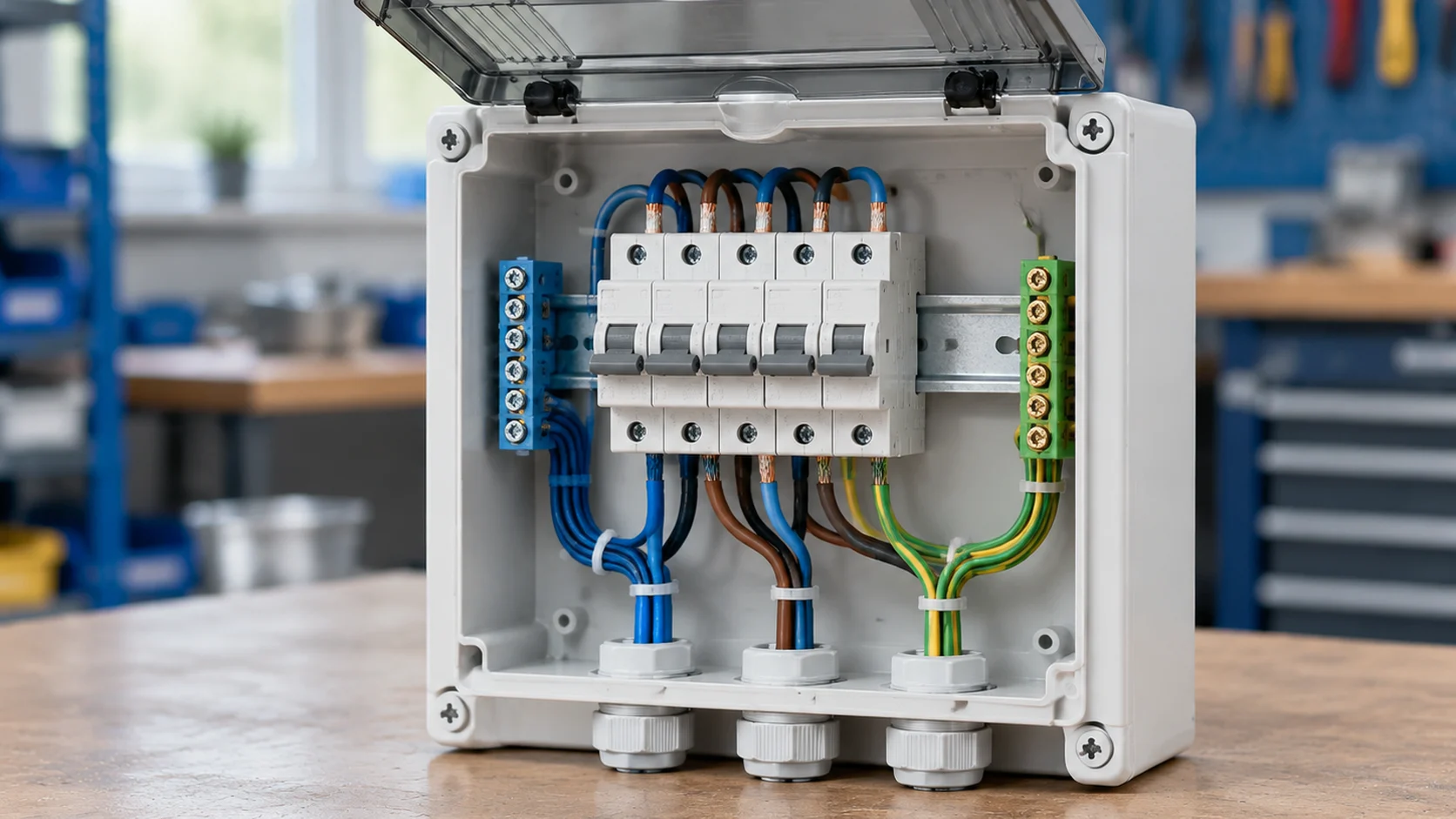 Open plastic distribution box showing the DIN rail layout, device spacing, terminals and cable gland entries that determine the required enclosure size