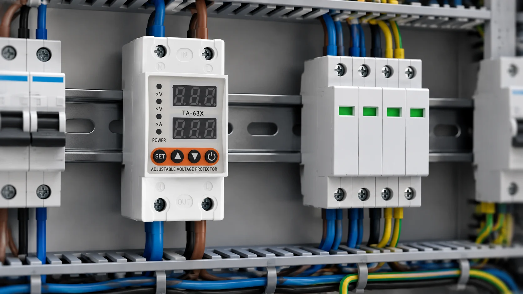 Distribution board showing a voltage protector and a surge protective device installed as two separate devices with different roles