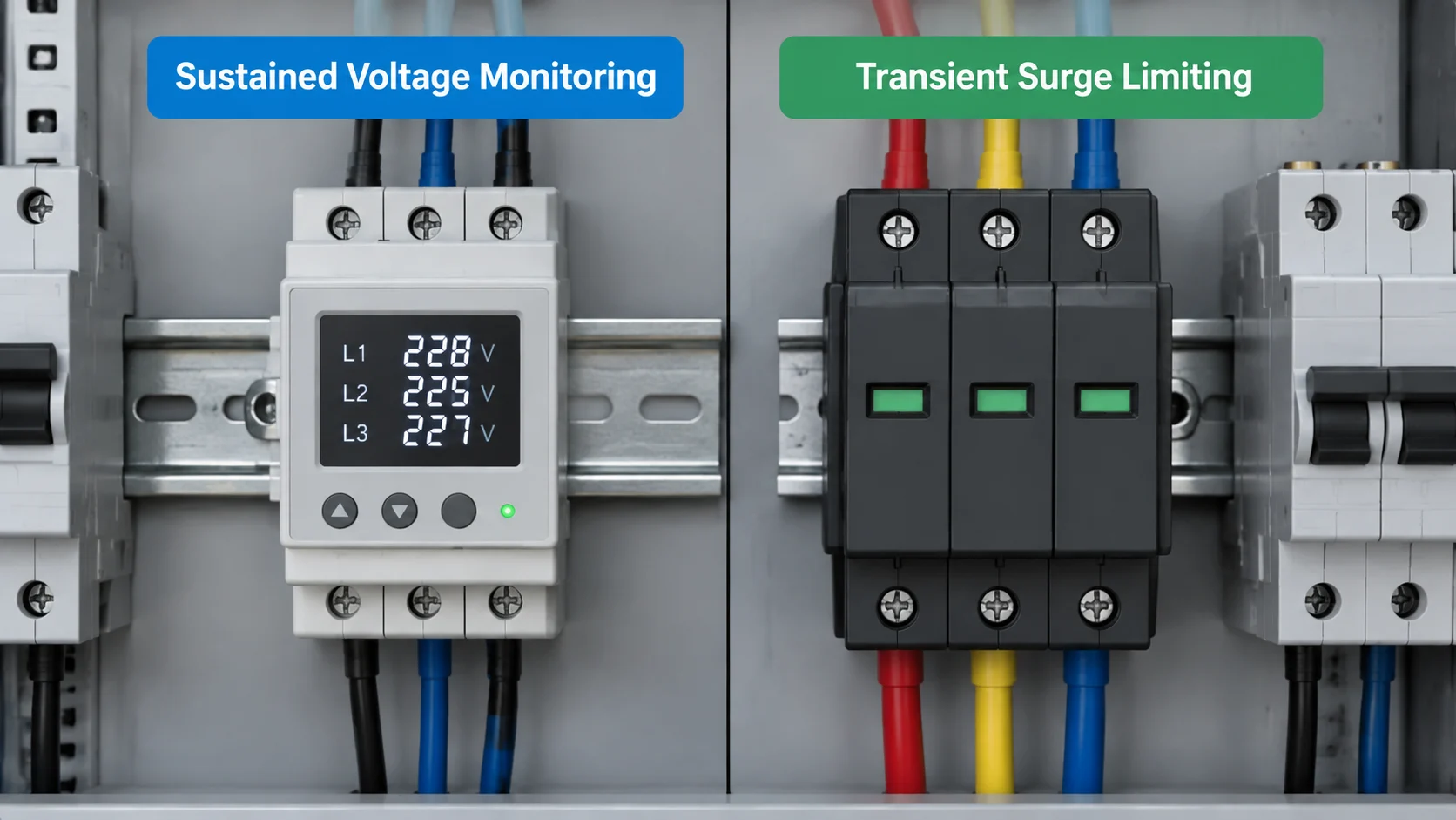 Side-by-side illustration of an over and under voltage protector and a surge protective device as two distinct protective devices in an electrical panel
