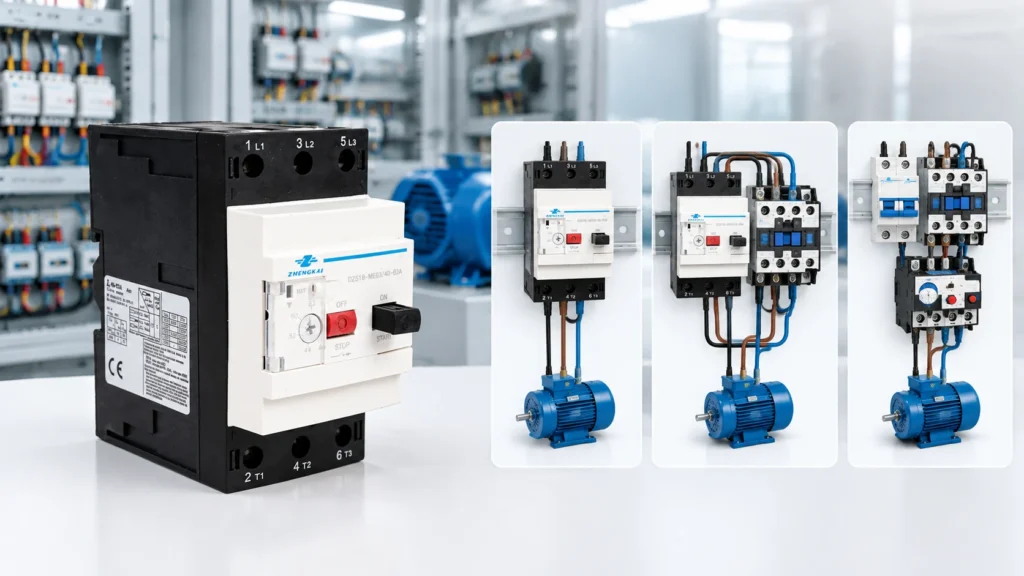3 phase motor starter with overload protection showing a motor protection circuit breaker and three starter arrangements