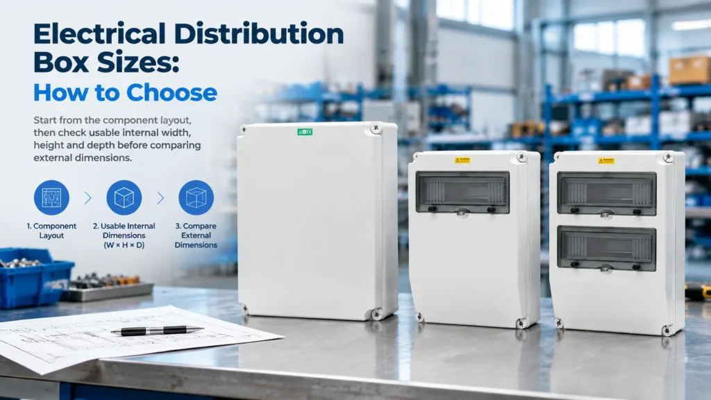 Electrical distribution box sizes - three ZKELE plastic waterproof distribution boxes of different sizes side by side on a workshop bench