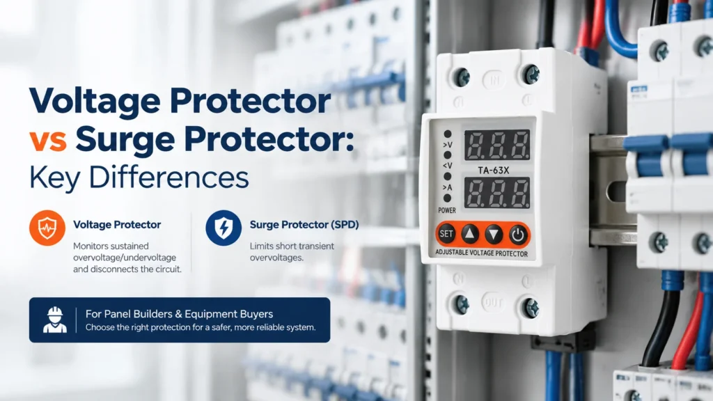 Voltage protector vs surge protector - TA-63X voltage protector in a distribution board comparing sustained voltage monitoring with transient surge limiting