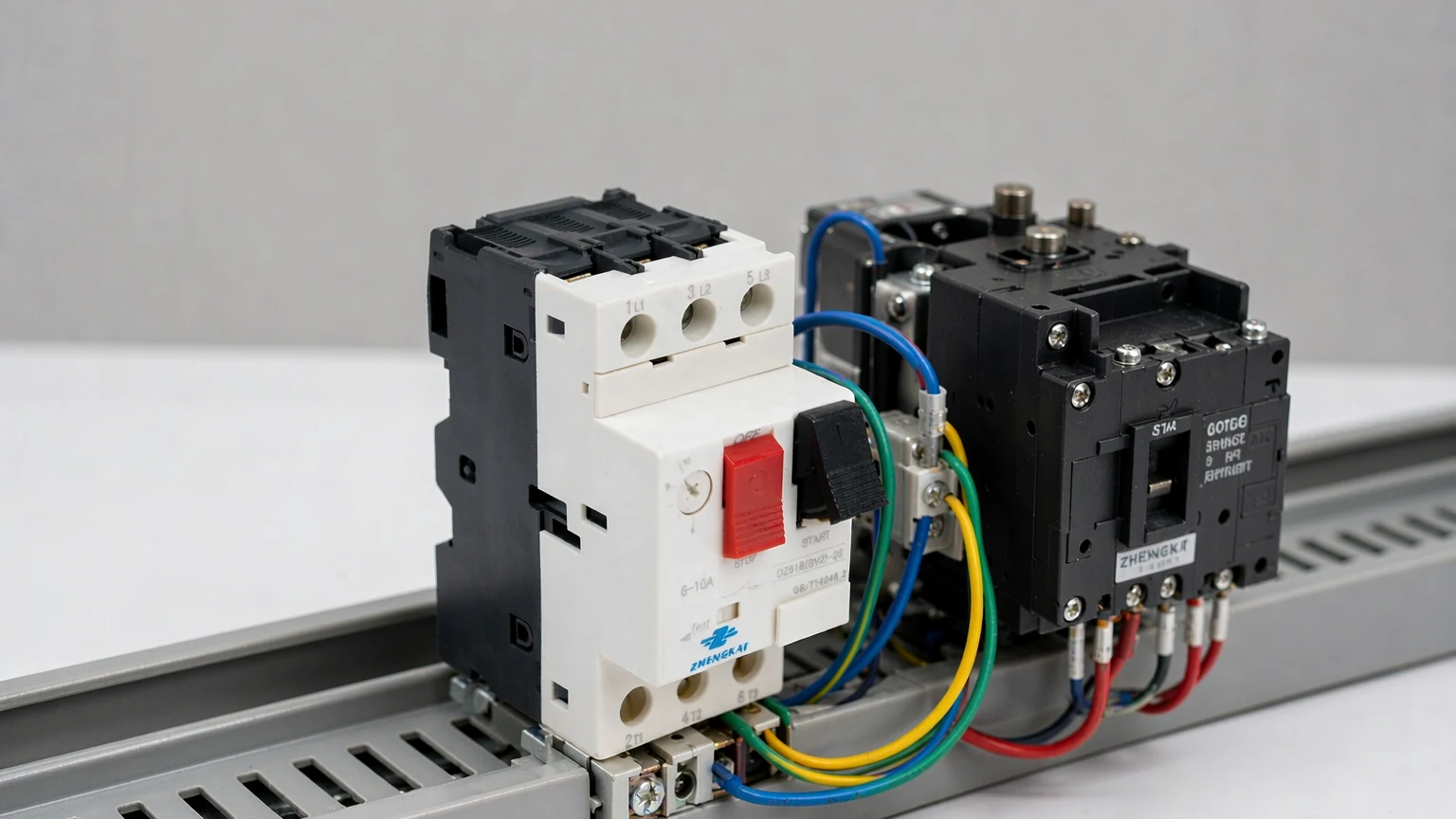 GV2-M motor protection circuit breaker wired on a DIN rail inside a control panel