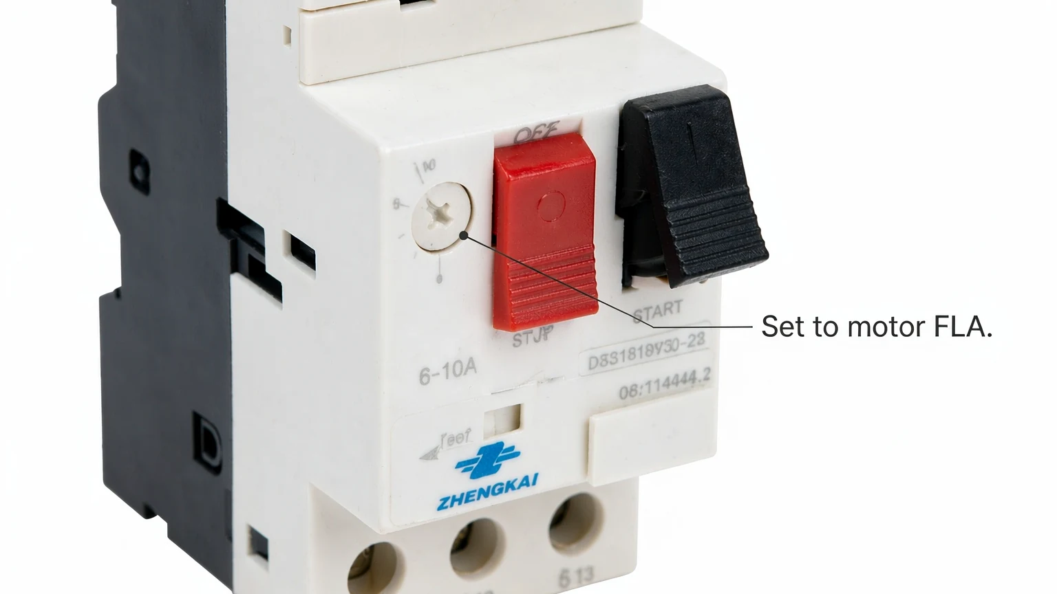 Rotary overload setting dial on a GV2-M motor protection circuit breaker, set to the motor full load current