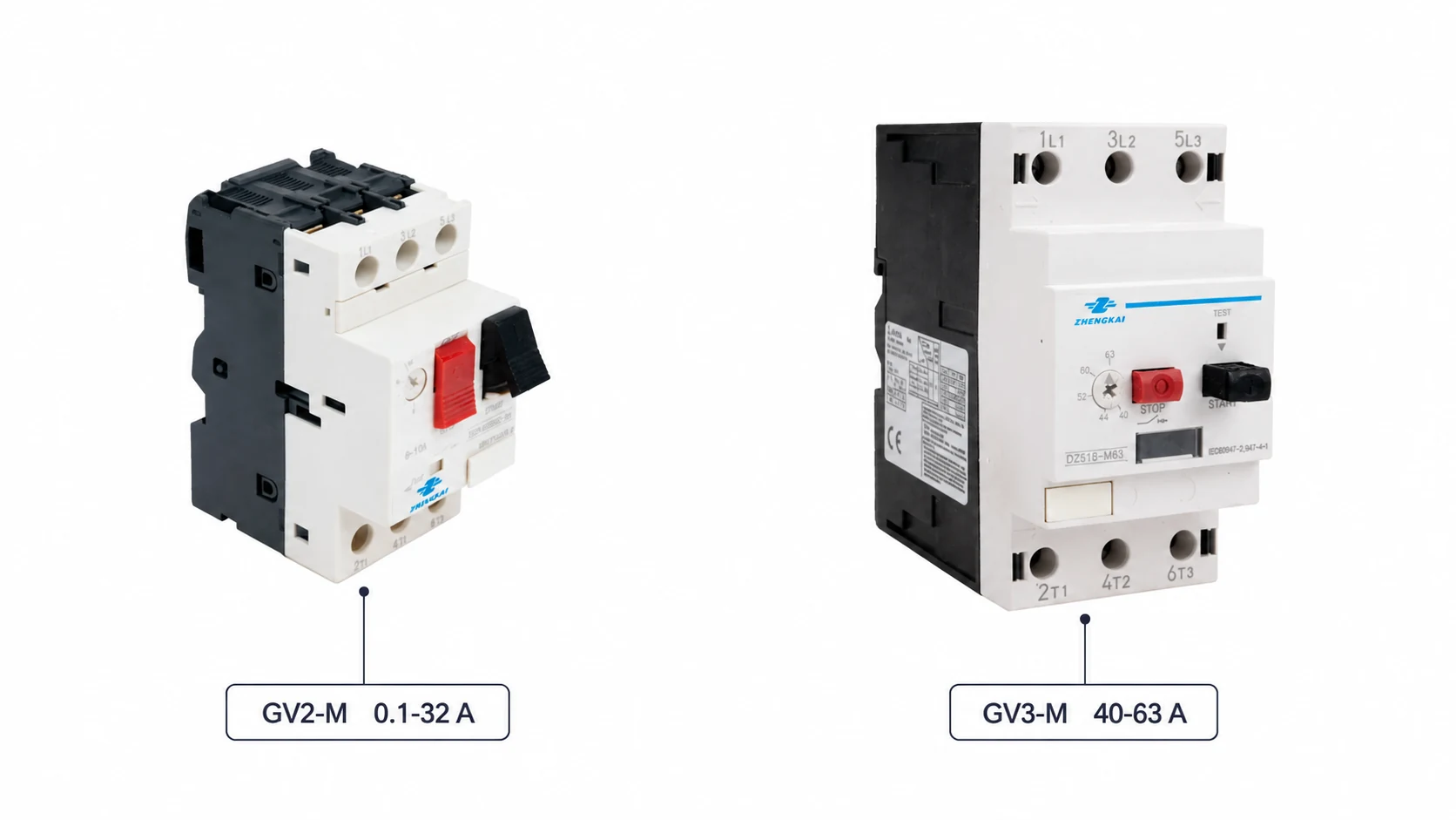 GV2-M (0.1-32 A) and GV3-M (40-63 A) manual motor starters side by side