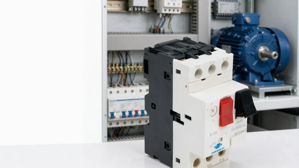 GV2-M motor protection circuit breaker in front of a control panel and a three-phase motor