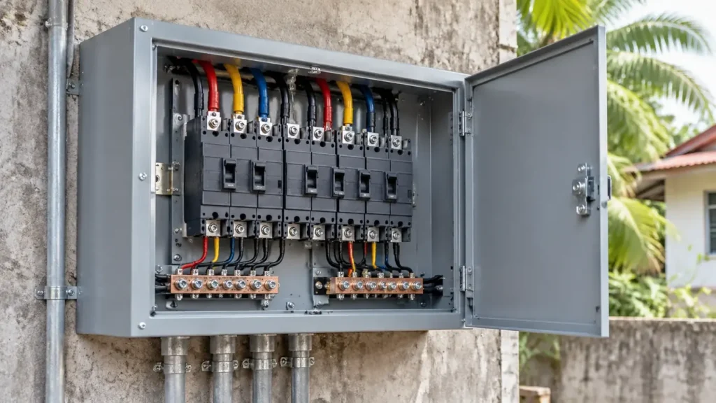 Metal electrical panel board with its door open showing breakers and two separate copper terminal bars