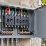 Metal electrical panel board with its door open showing breakers and two separate copper terminal bars