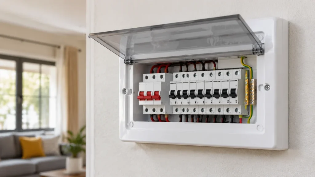 Surface-mounted white plastic domestic distribution board with its transparent cover open, showing a double-pole main switch and a row of miniature circuit breakers