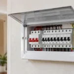 Surface-mounted white plastic domestic distribution board with its transparent cover open, showing a double-pole main switch and a row of miniature circuit breakers