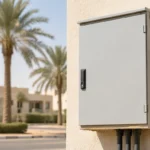Sealed light grey distribution board with a rain hood on a sunlit exterior wall in the Gulf