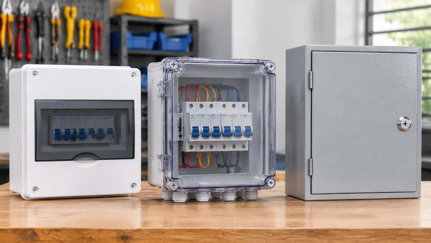 ABS, polycarbonate and sheet steel distribution box enclosures side by side for comparison