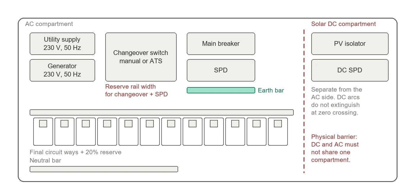 Diagram of a Nigeria distribution box layout showing utility and generator supply, changeover switch, SPD next to the earth bar, final circuit ways with spare capacity, and a physically separate solar DC compartment