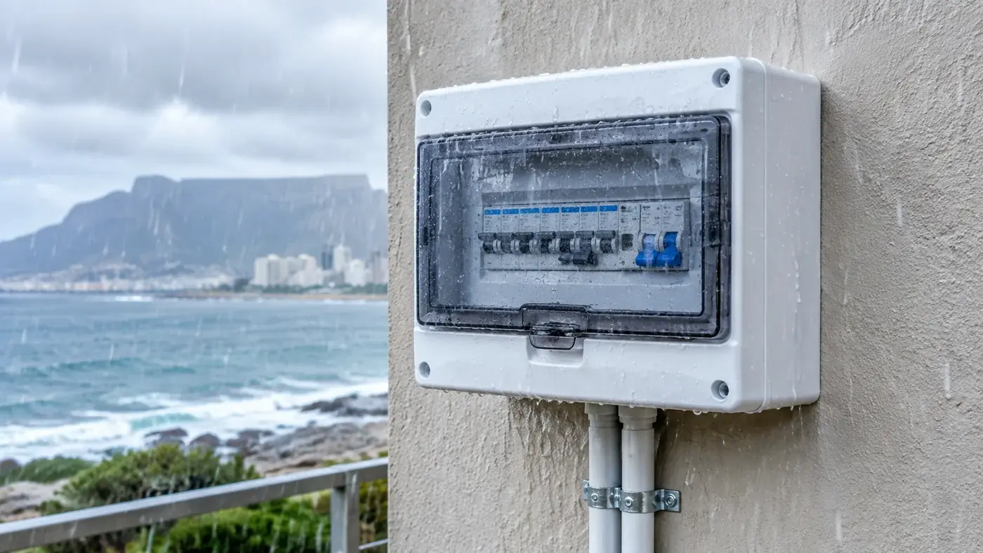 IP65 distribution board mounted on a coastal building wall in wind-driven rain, with the sea in the background
