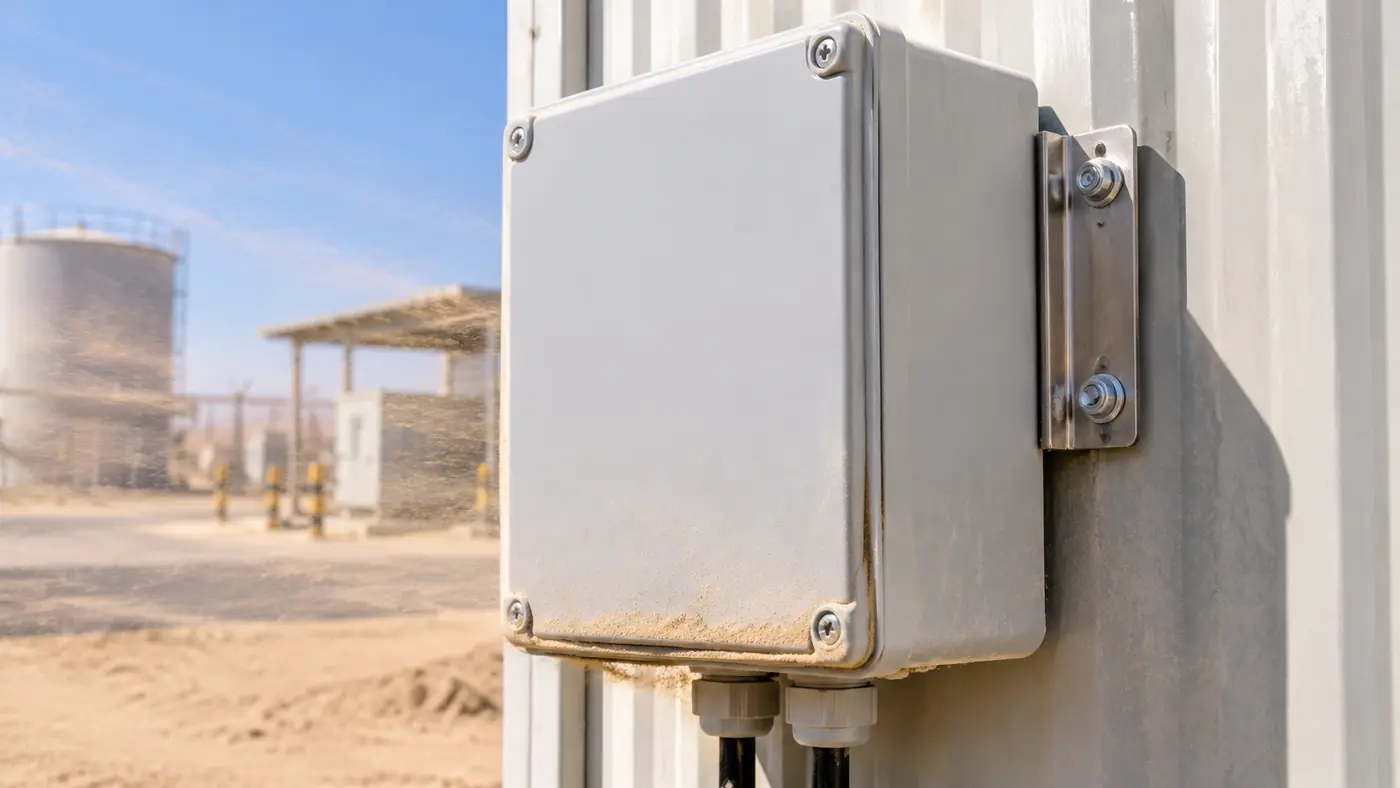 Weatherproof enclosure with fine sand dust settled along the lower edge and door gasket, fixed with a stainless steel bracket