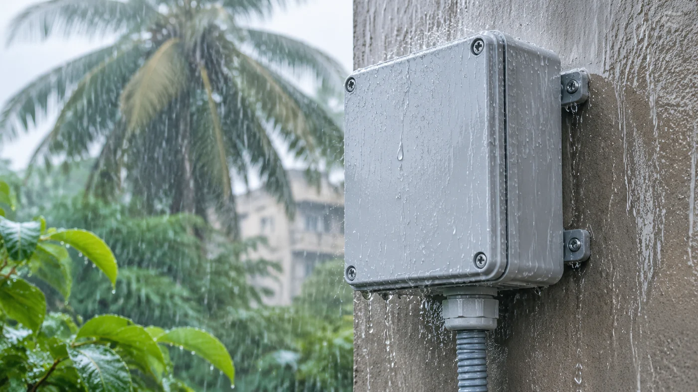 IP65 rated outdoor distribution box on an exterior wall during heavy monsoon rain in India