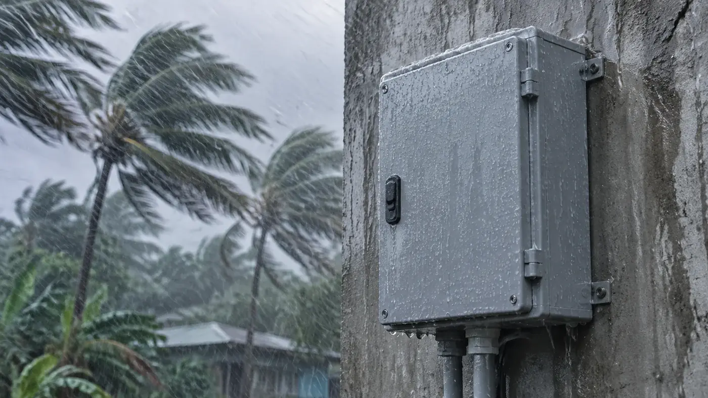 IP65 rated panel enclosure on an exterior concrete wall during heavy typhoon rain